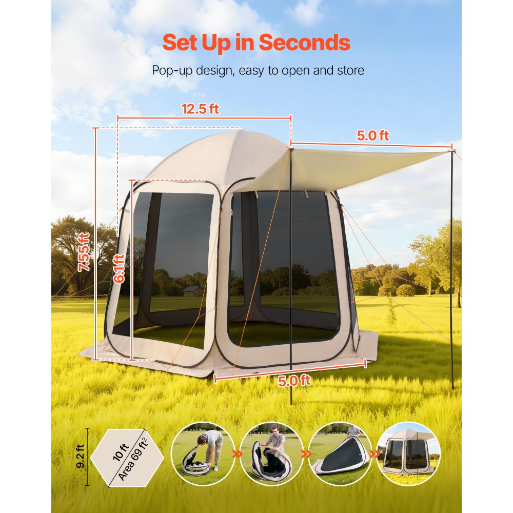 VEVOR Screen House Tent, 10 x 9.2 ft, 4-8 Person Pop Up Screen Tent with Extended Awning, Portable Screened in Canopy with Carry Bag, Netting Sides, for Patio, Backyard, and Outdoor Activities, Beige