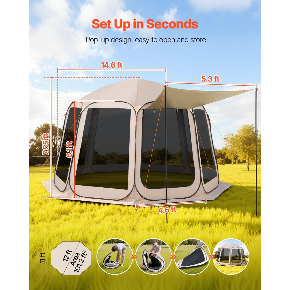 VEVOR Screen House Tent, 12 x 11 ft, 10-12 Person Pop Up Screen Tent with Extended Awning, Portable Screened in Canopy with Carry Bag, Netting Sides, for Patio, Backyard, and Outdoor Activities, Beige