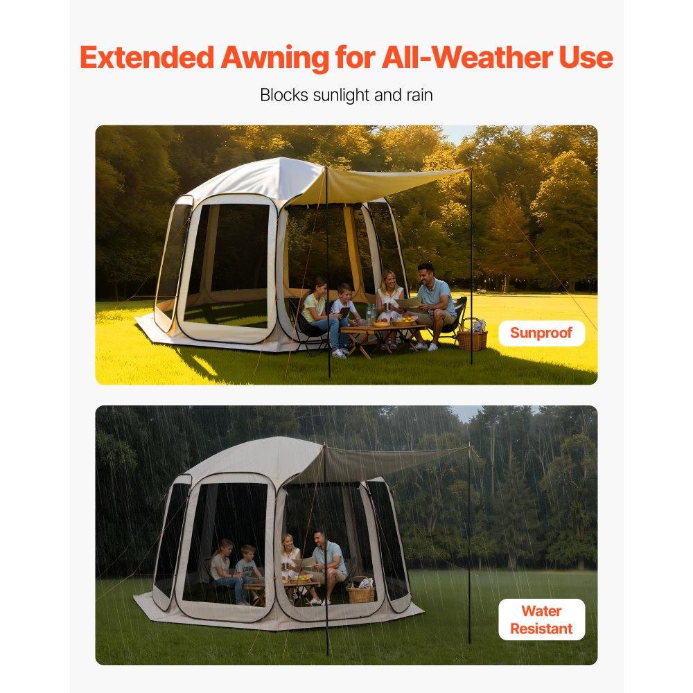 VEVOR Screen House Tent, 12 x 11 ft, 10-12 Person Pop Up Screen Tent with Extended Awning, Portable Screened in Canopy with Carry Bag, Netting Sides, for Patio, Backyard, and Outdoor Activities, Beige