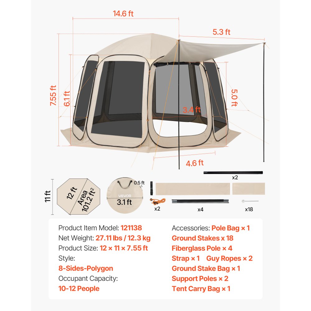 VEVOR Screen House Tent, 12 x 11 ft, 10-12 Person Pop Up Screen Tent with Extended Awning, Portable Screened in Canopy with Carry Bag, Netting Sides, for Patio, Backyard, and Outdoor Activities, Beige