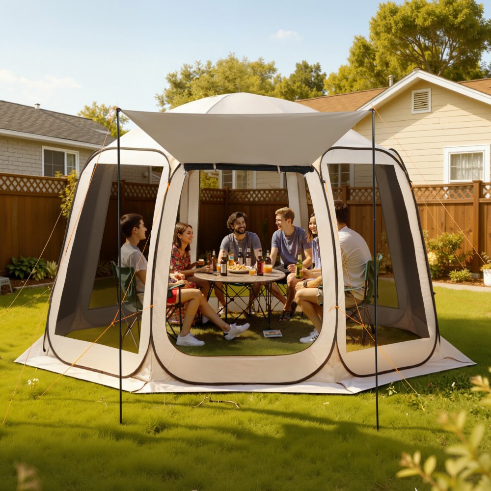 VEVOR Screen House Tent, 12 x 11 ft, 10-12 Person Pop Up Screen Tent with Extended Awning, Portable Screened in Canopy with Carry Bag, Netting Sides, for Patio, Backyard, and Outdoor Activities, Beige
