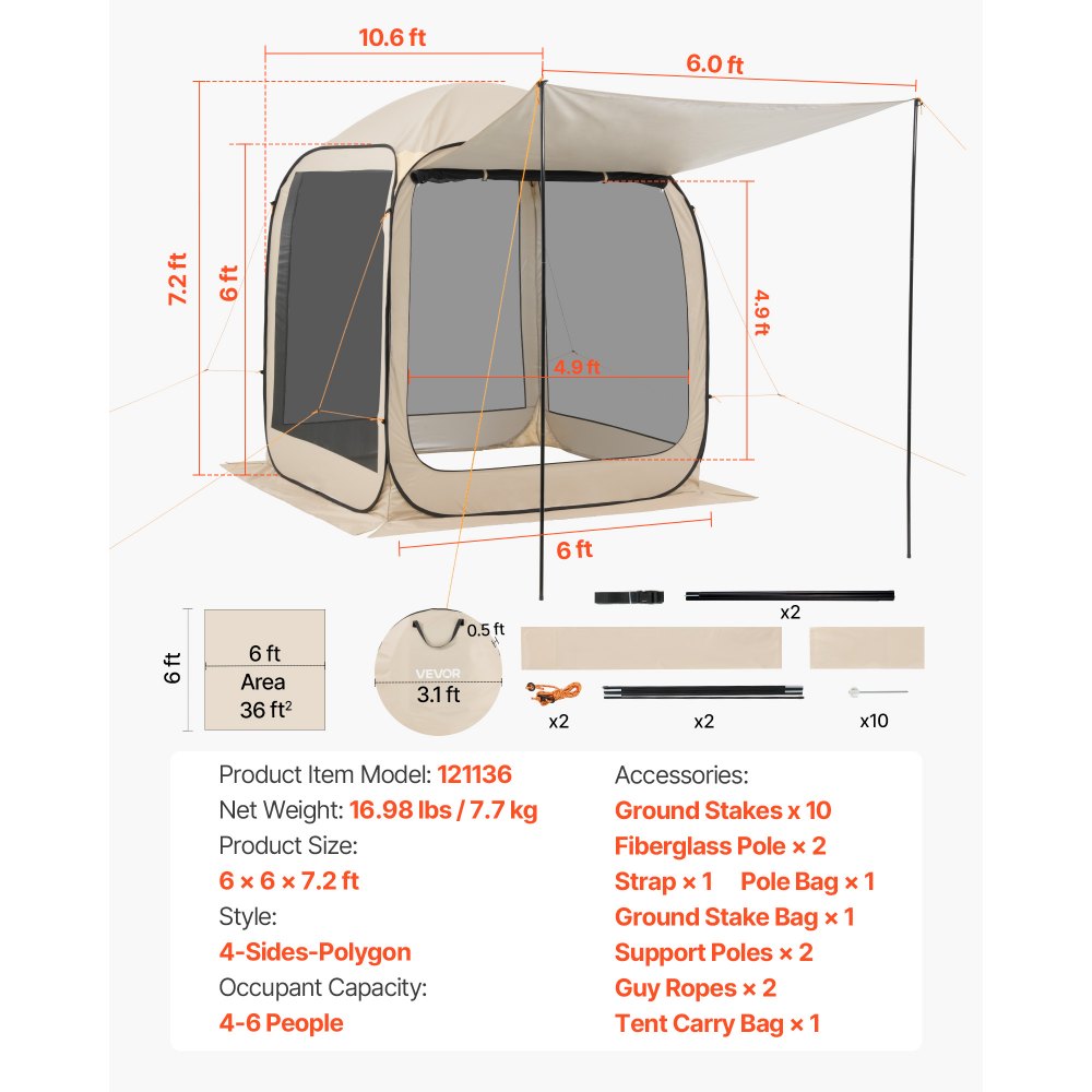 VEVOR Screen House Tent, 6 x 6 ft, 4-6 Person Pop Up Screen Tent with Extended Awning, Portable Screened in Canopy with Carry Bag, Netting Sides, for Patio, Backyard, and Outdoor Activities, Beige