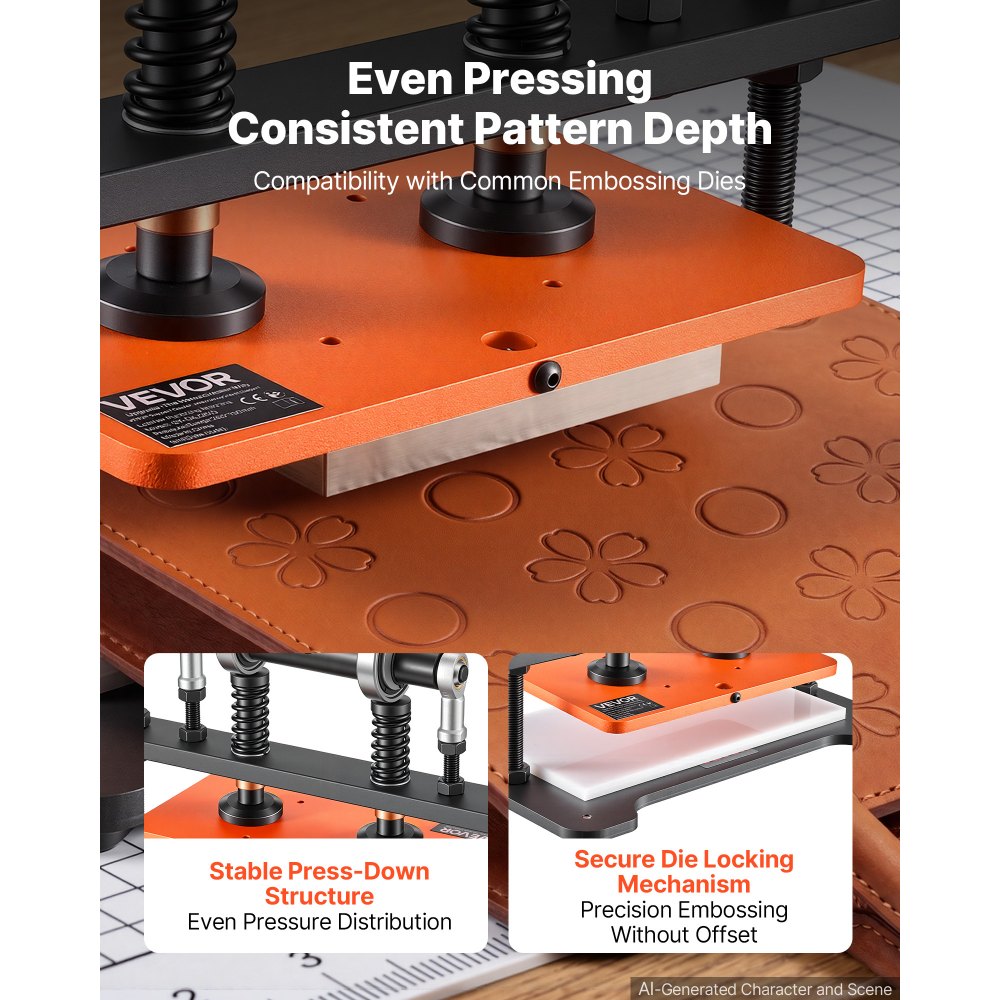 VEVOR Leather Cutting Machine 10.24 x 5.91 in Embossing Plate Die Cutter, Hand Press Leather Embossing & Die Cutting, 3300 lbs Pressure, 0.47 in Stroke, Dual Guide Shafts, for Fabric, Paper, Silicone