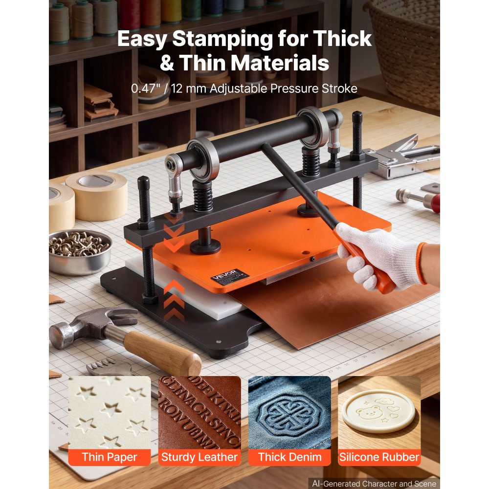 VEVOR Leather Cutting Machine 14.17 x 10.24 in Embossing Plate Die Cutter, Hand Press Leather Embossing & Die Cutting, 3300 lbs Pressure, 0.47 in Stroke, Dual Guide Shafts, for Fabric, Paper, Silicone