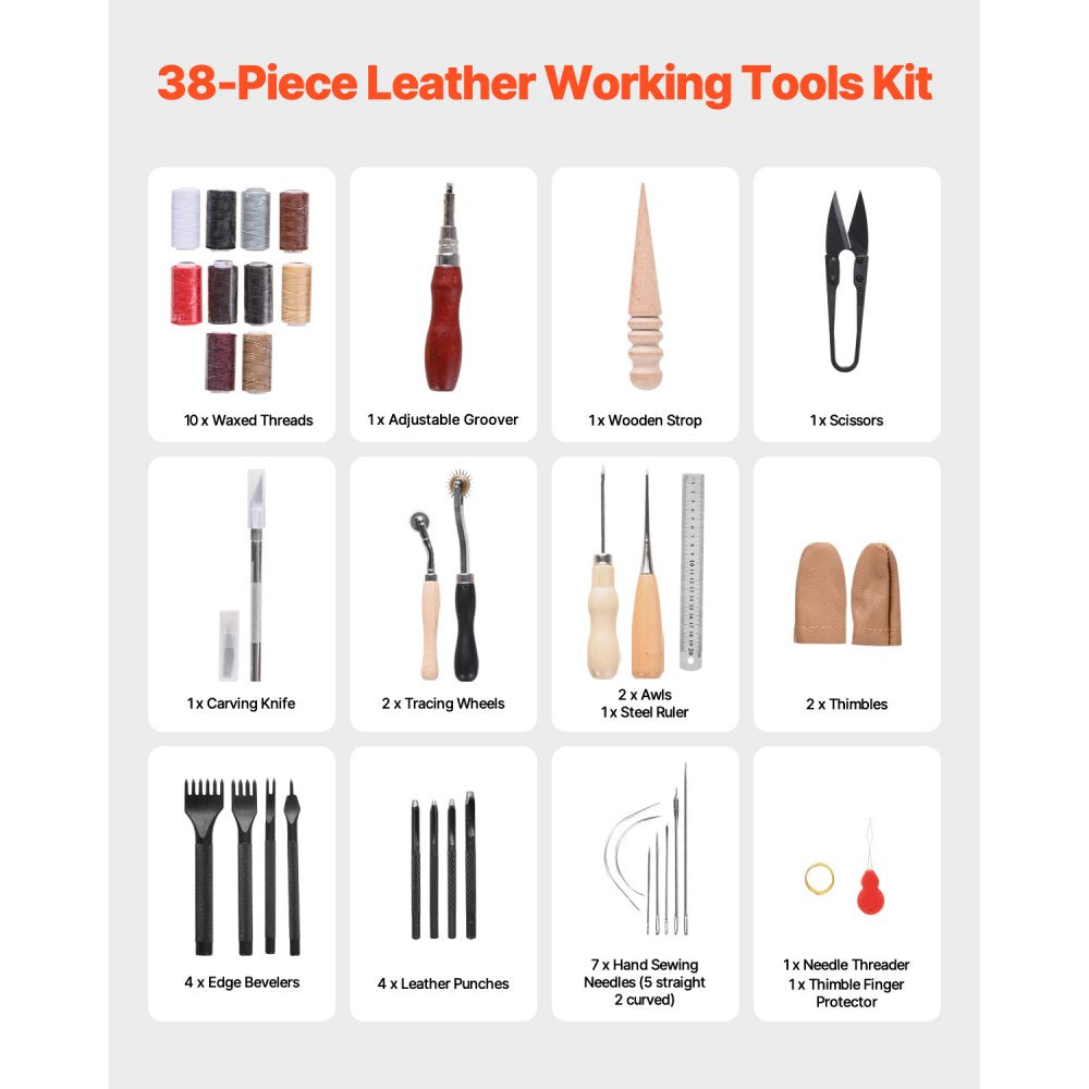 VEVOR Leather Working Tools Kit, 38 PCS Leather Craft Tools with Portable Canvas Storage Bag, Engraving Punching Sewing Stamping Cutting Tools, Ideal for Beginners DIY Enthusiasts and Professionals