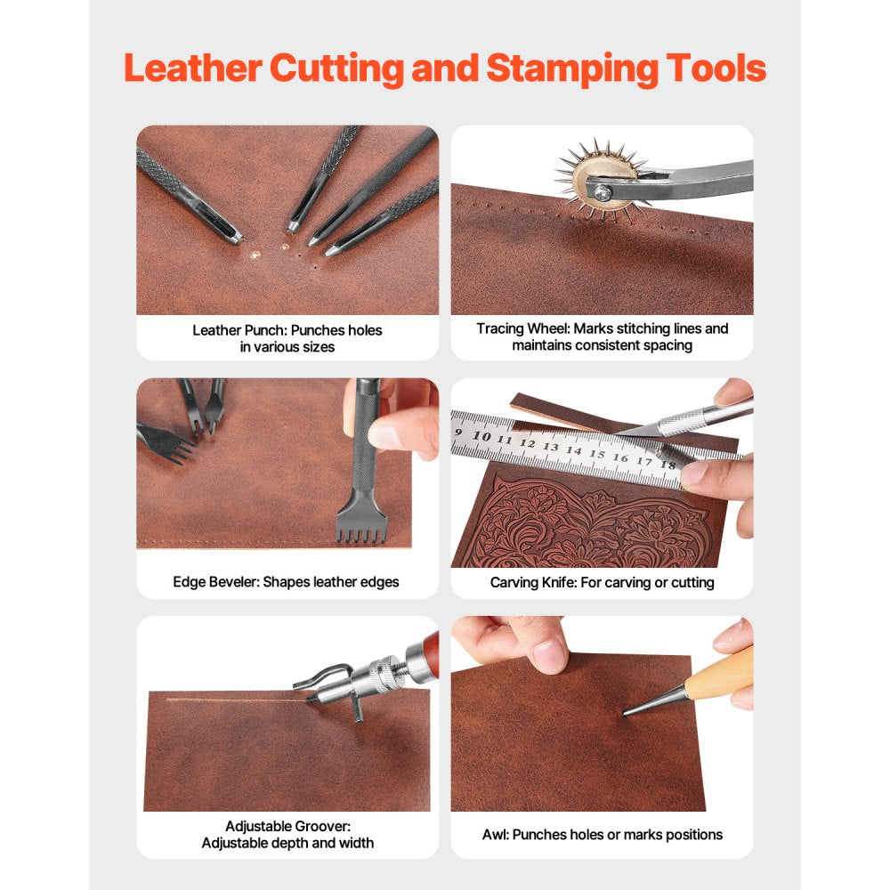 VEVOR Leather Working Tools Kit, 38 PCS Leather Craft Tools with Portable Canvas Storage Bag, Engraving Punching Sewing Stamping Cutting Tools, Ideal for Beginners DIY Enthusiasts and Professionals