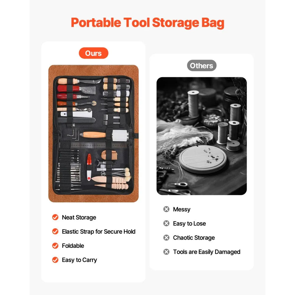 VEVOR Leather Working Tools Kit, 59 PCS Leather Craft Tools with Portable Canvas Storage Bag, Engraving Punching Sewing Stamping Sanding Tools, Ideal for Beginners DIY Enthusiasts and Professionals