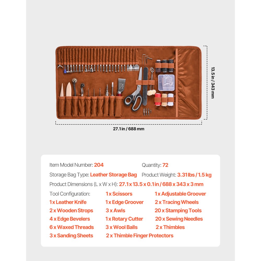 VEVOR Leather Working Tools Kit, 72 PCS Leather Craft Tools with Portable Leather Storage Bag, Engraving Punching Sewing Stamping Sanding Tools, Ideal for Beginners DIY Enthusiasts and Professionals