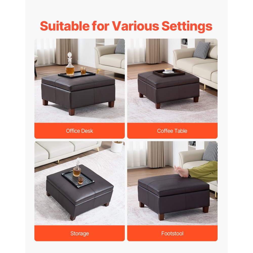 VEVOR 28 in Square Leather Ottoman with Storage, Upholstered Tufted Button Coffee Table Ottoman with Flip-Top Design, PU Leather High-Density Sponge for Living Room, Dorm, Bedroom, Dark Brown