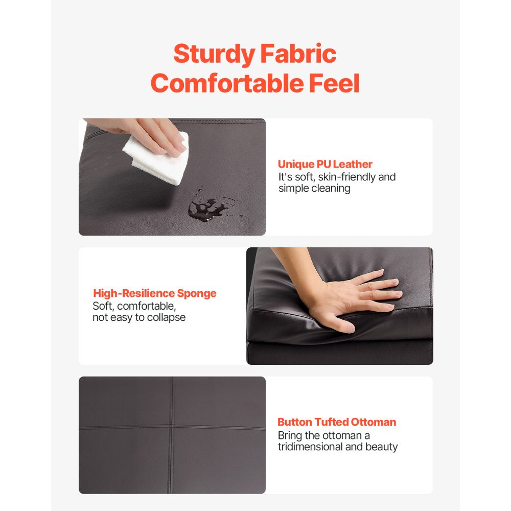 VEVOR 28 in Square Leather Ottoman with Storage, Upholstered Tufted Button Coffee Table Ottoman with Flip-Top Design, PU Leather High-Density Sponge for Living Room, Dorm, Bedroom, Dark Brown