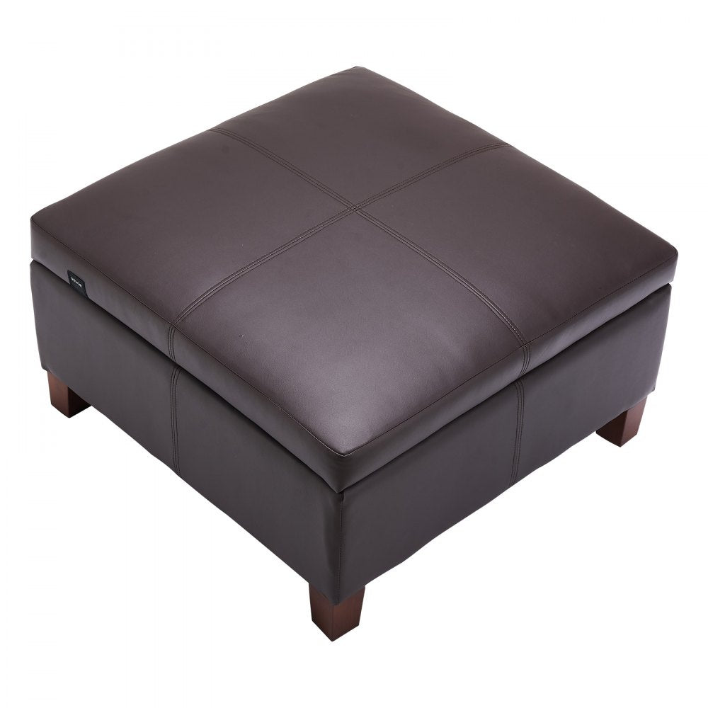 VEVOR 28 in Square Leather Ottoman with Storage, Upholstered Tufted Button Coffee Table Ottoman with Flip-Top Design, PU Leather High-Density Sponge for Living Room, Dorm, Bedroom, Dark Brown