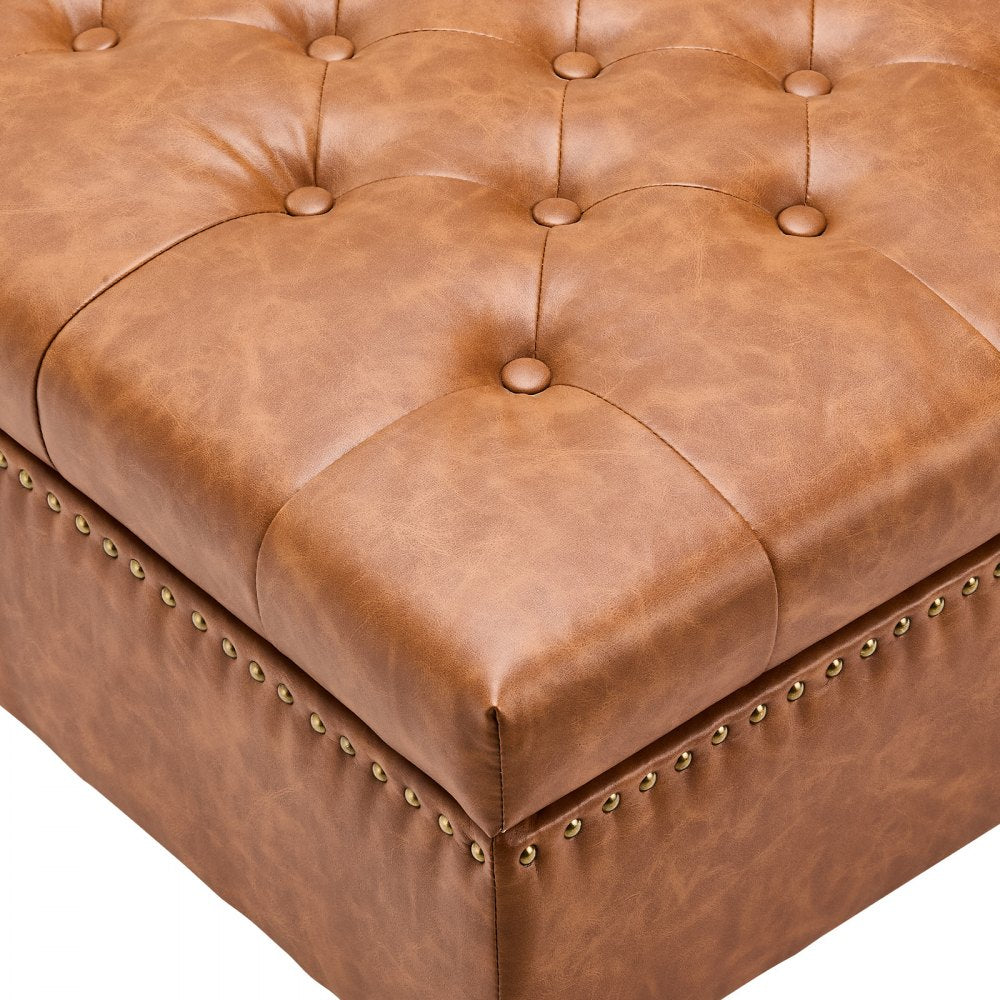 VEVOR 31 in Square Leather Ottoman with Storage, Upholstered Tufted Button Coffee Table Ottoman with Castered Rolling Wheels, PU Leather High-Density Sponge for Living Room, Dorm, Bedroom, Brown