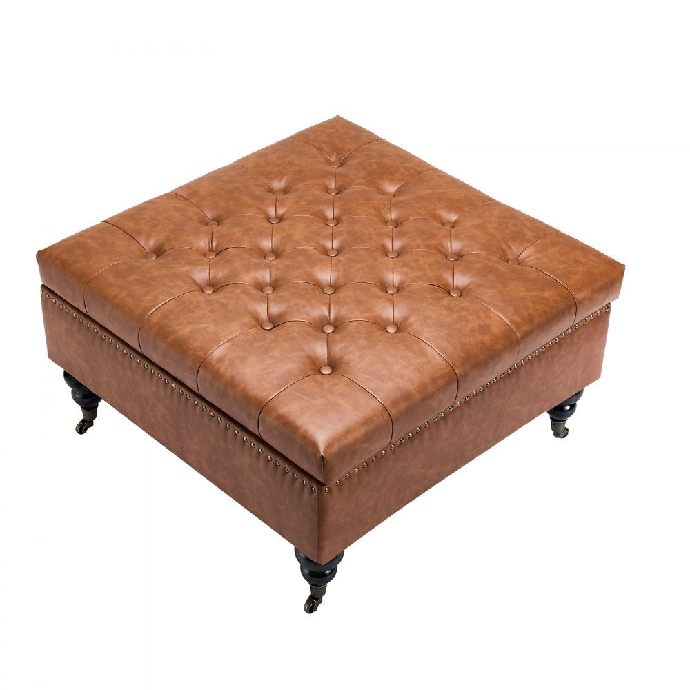 VEVOR 31 in Square Leather Ottoman with Storage, Upholstered Tufted Button Coffee Table Ottoman with Castered Rolling Wheels, PU Leather High-Density Sponge for Living Room, Dorm, Bedroom, Brown