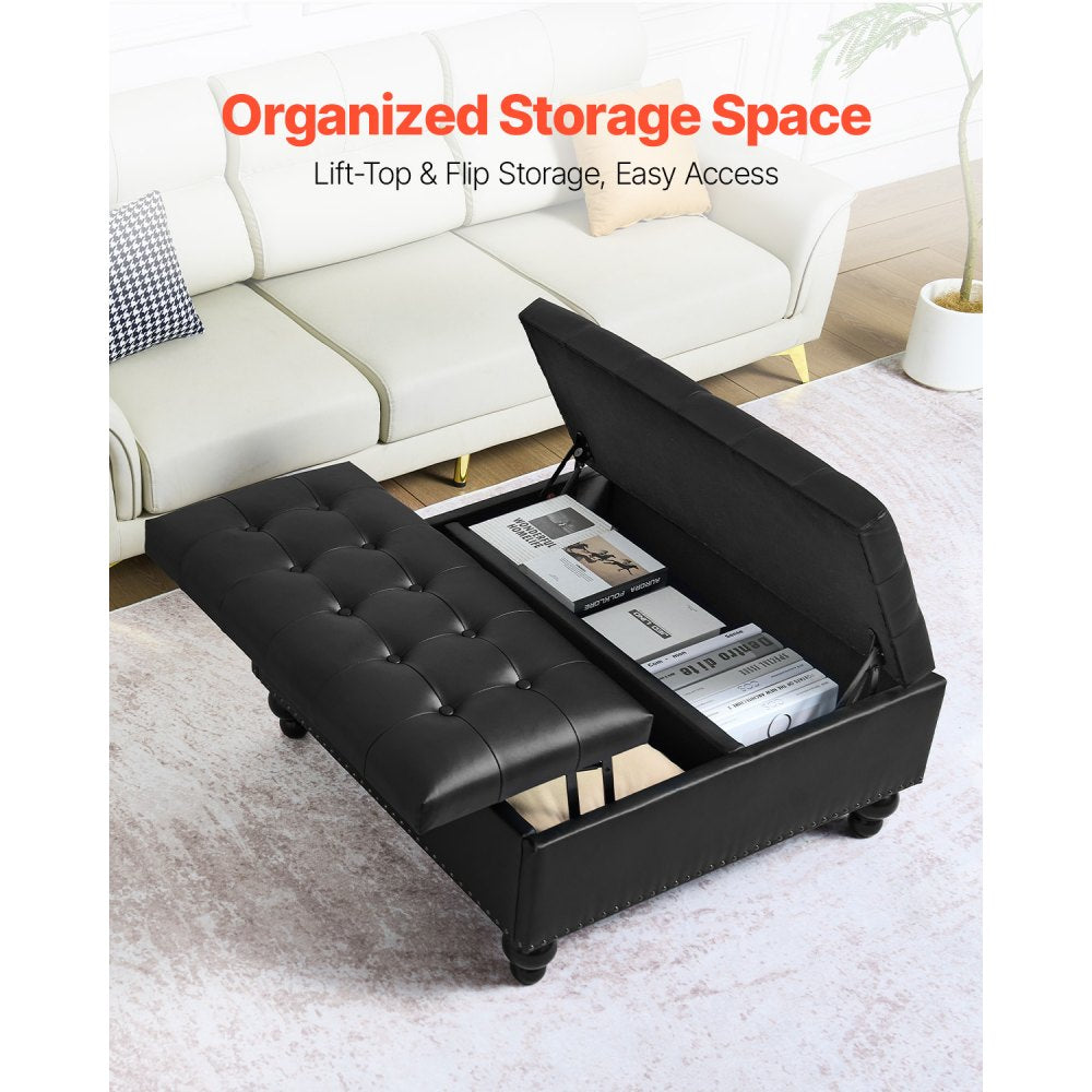 VEVOR 34 in Square Leather Ottoman with Storage, Upholstered Tufted Button Coffee Table Ottoman with Lift-Top & Flip Design, PU Leather High-Density Sponge for Living Room, Bedroom, Dorm, Black