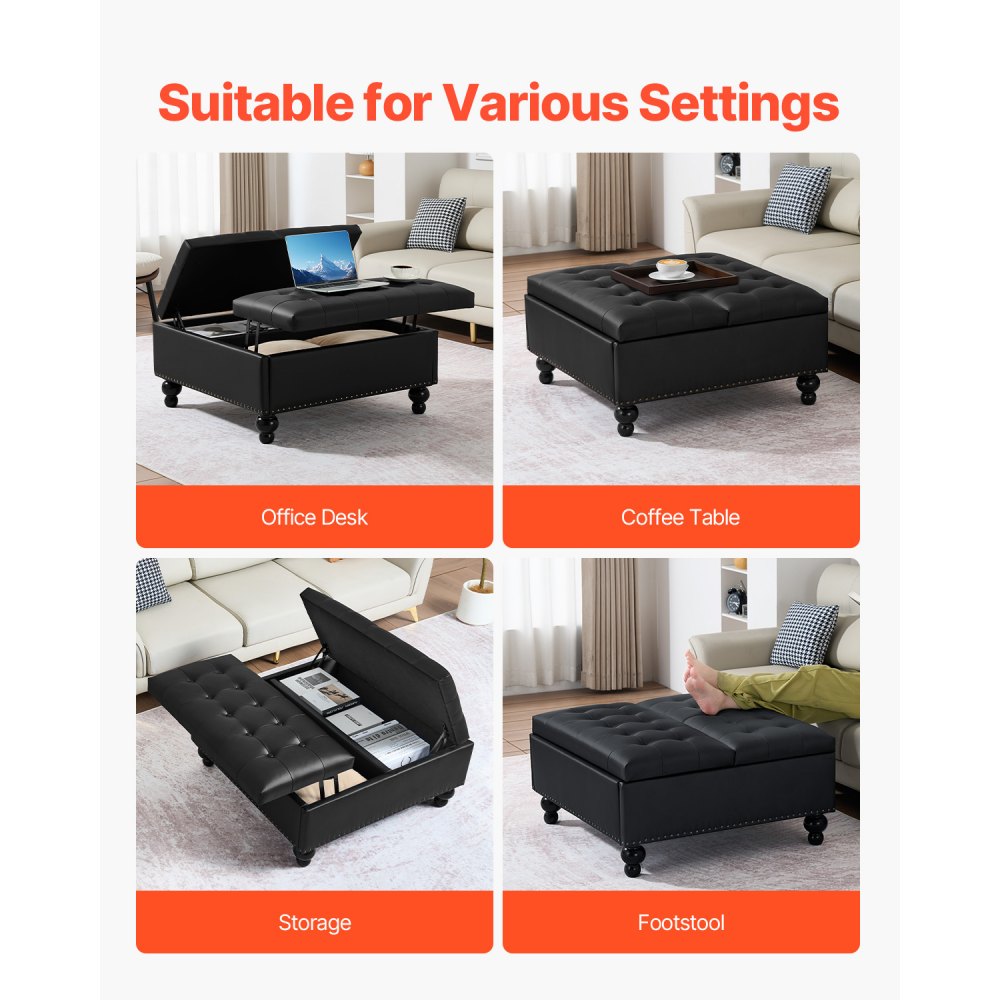 VEVOR 34 in Square Leather Ottoman with Storage, Upholstered Tufted Button Coffee Table Ottoman with Lift-Top & Flip Design, PU Leather High-Density Sponge for Living Room, Bedroom, Dorm, Black