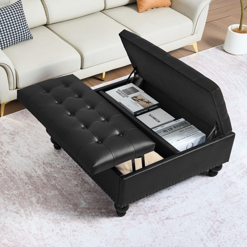 VEVOR 34 in Square Leather Ottoman with Storage, Upholstered Tufted Button Coffee Table Ottoman with Lift-Top & Flip Design, PU Leather High-Density Sponge for Living Room, Bedroom, Dorm, Black