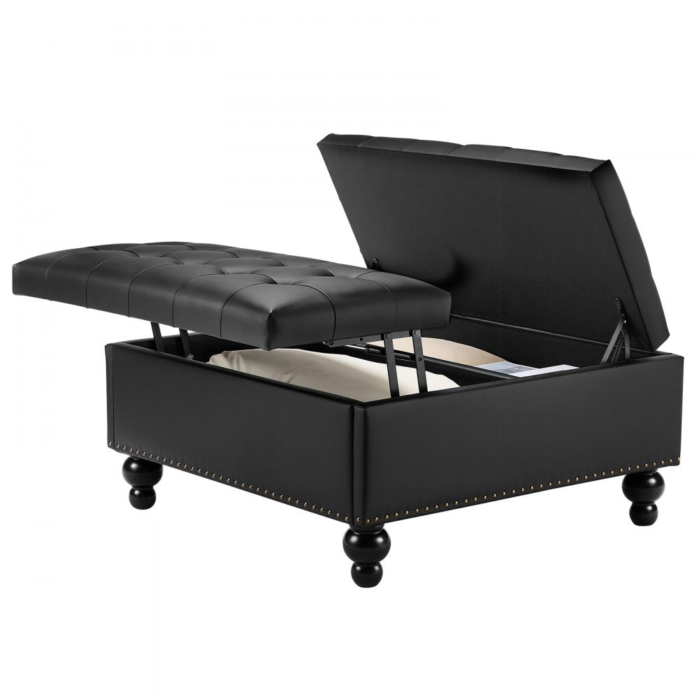 VEVOR 34 in Square Leather Ottoman with Storage, Upholstered Tufted Button Coffee Table Ottoman with Lift-Top & Flip Design, PU Leather High-Density Sponge for Living Room, Bedroom, Dorm, Black