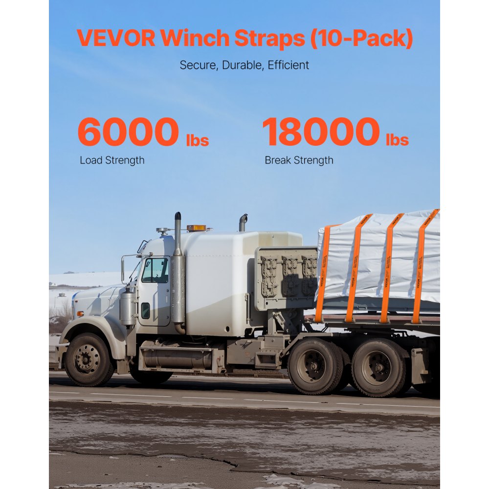 VEVOR Winch Straps, 4 in x 30 ft Truck Straps with Flat Hook, 10 Pack Heavy Duty Trailer Straps with 18000 lbs Break Strength, Cargo Tie-Down Straps, for Flatbeds, Trucks, Trailers, Farms & Rescues