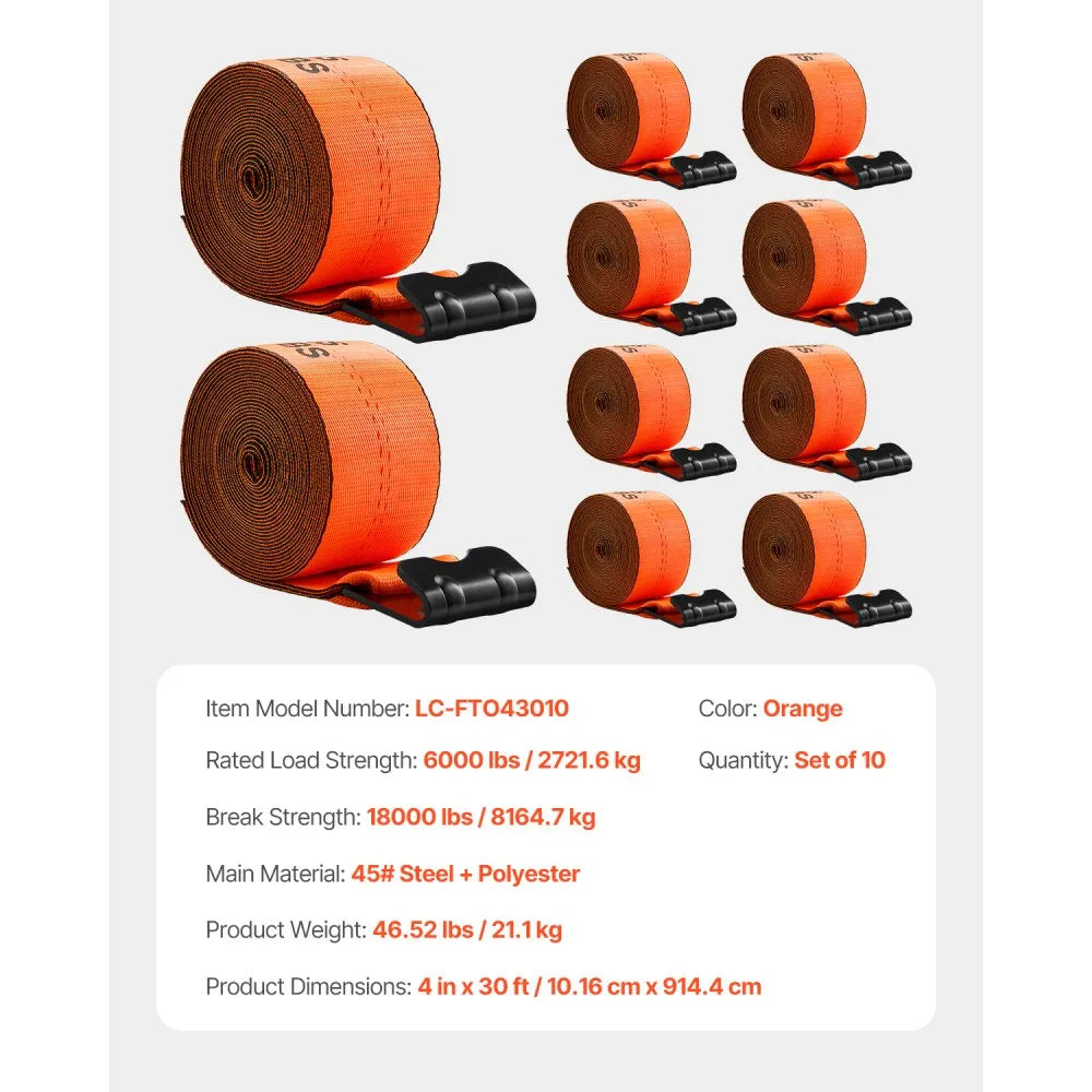 VEVOR Winch Straps, 4 in x 30 ft Truck Straps with Flat Hook, 10 Pack Heavy Duty Trailer Straps with 18000 lbs Break Strength, Cargo Tie-Down Straps, for Flatbeds, Trucks, Trailers, Farms & Rescues