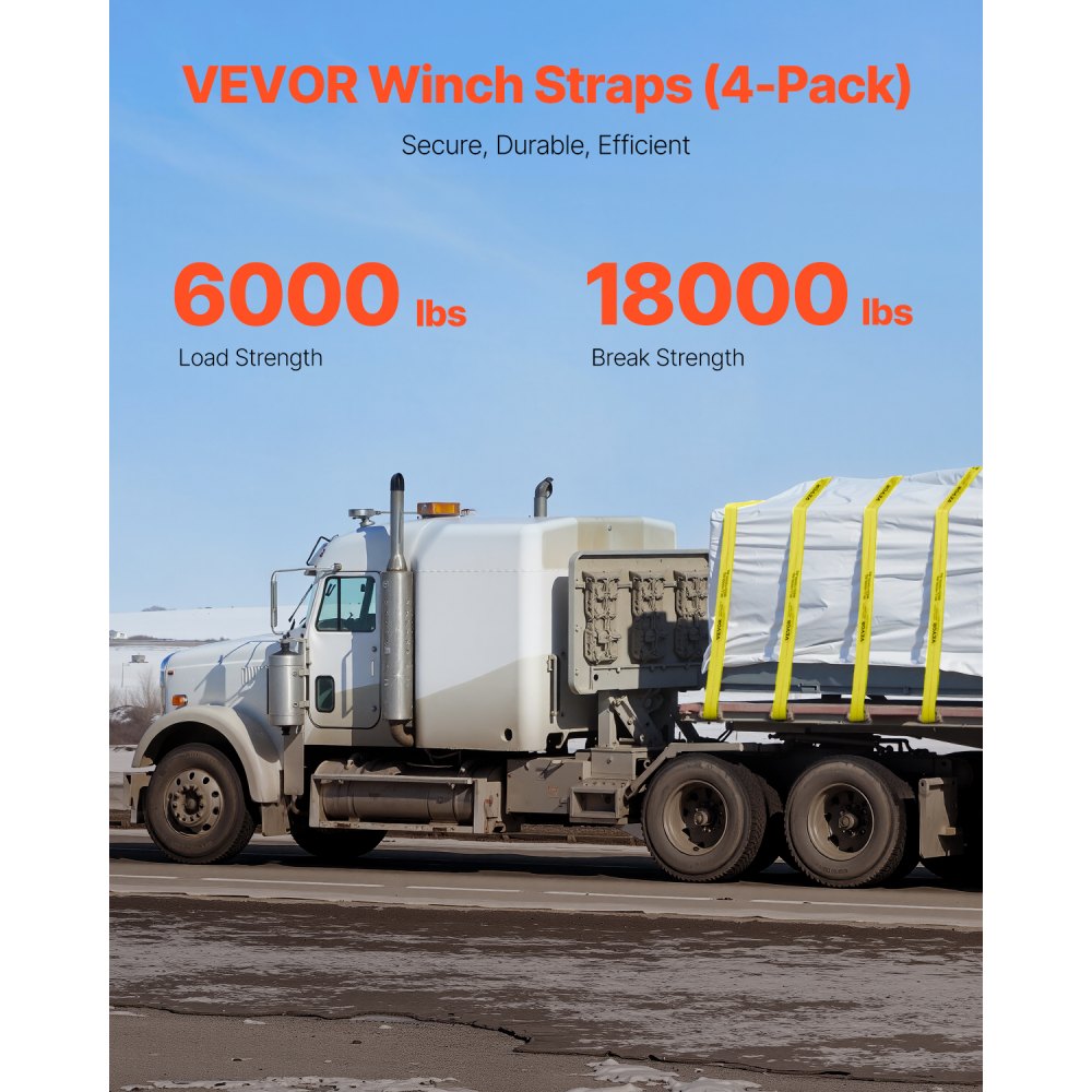 VEVOR Winch Straps, 4" x 30', 6000 lbs Load Capacity, 18000 lbs Break Strength, Truck Straps with Flat Hook, Flatbed Tie Downs Cargo Control for Trailers, Farms, Rescues, Tree Saver, Yellow (4 Pack)