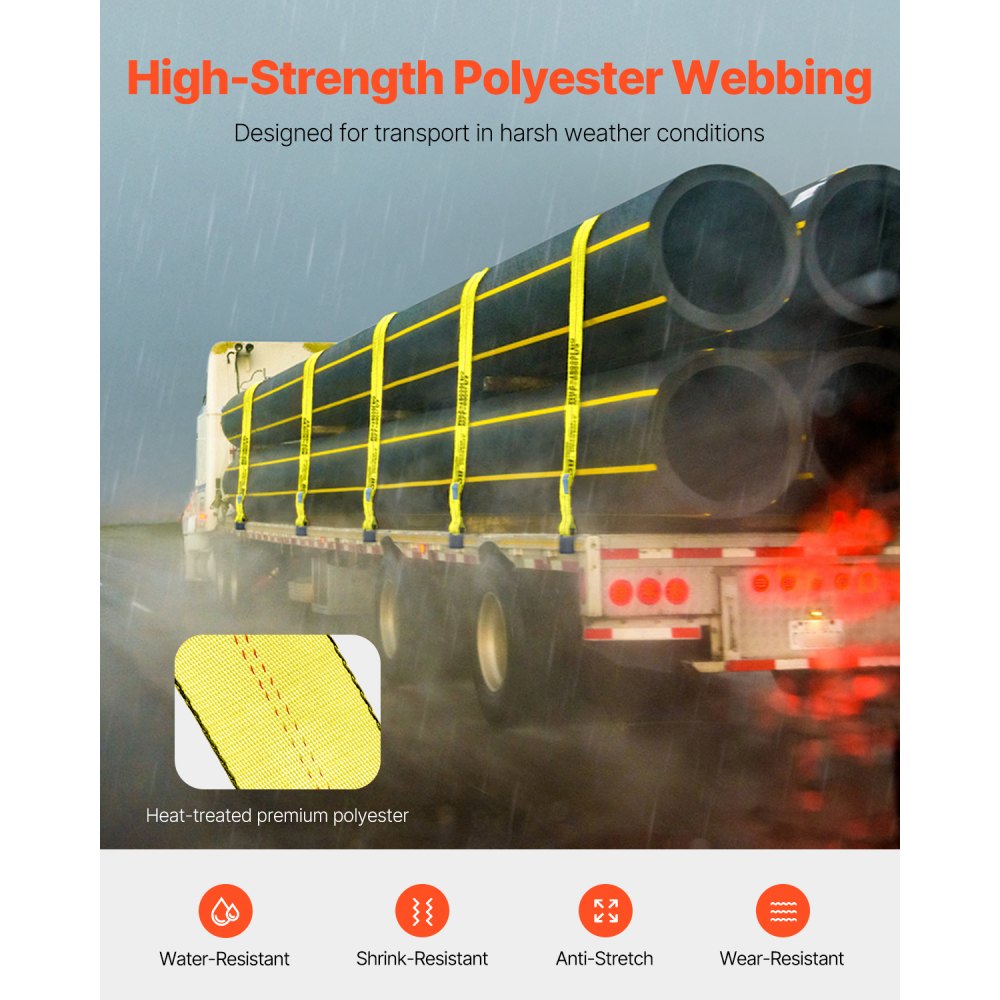 VEVOR Winch Straps, 4" x 30', 6000 lbs Load Capacity, 18000 lbs Break Strength, Truck Straps with Flat Hook, Flatbed Tie Downs Cargo Control for Trailers, Farms, Rescues, Tree Saver, Yellow (4 Pack)
