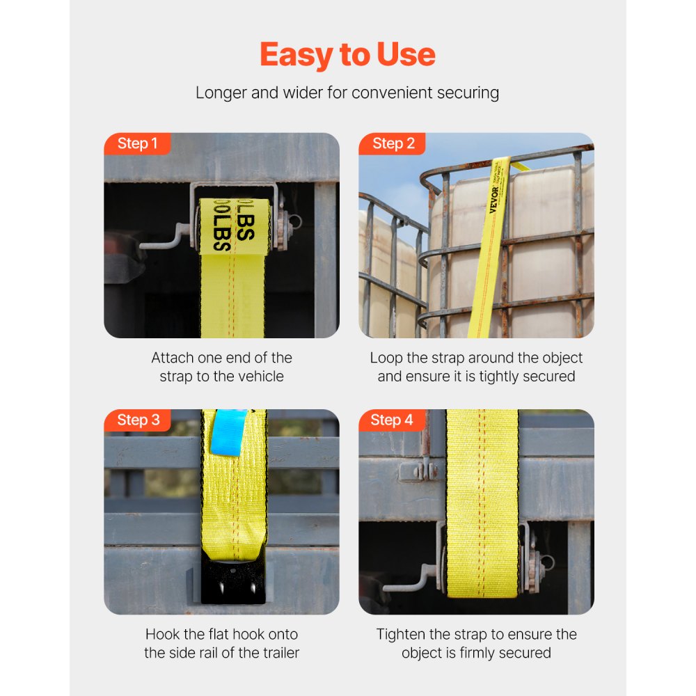 VEVOR Winch Straps, 4" x 30', 6000 lbs Load Capacity, 18000 lbs Break Strength, Truck Straps with Flat Hook, Flatbed Tie Downs Cargo Control for Trailers, Farms, Rescues, Tree Saver, Yellow (4 Pack)