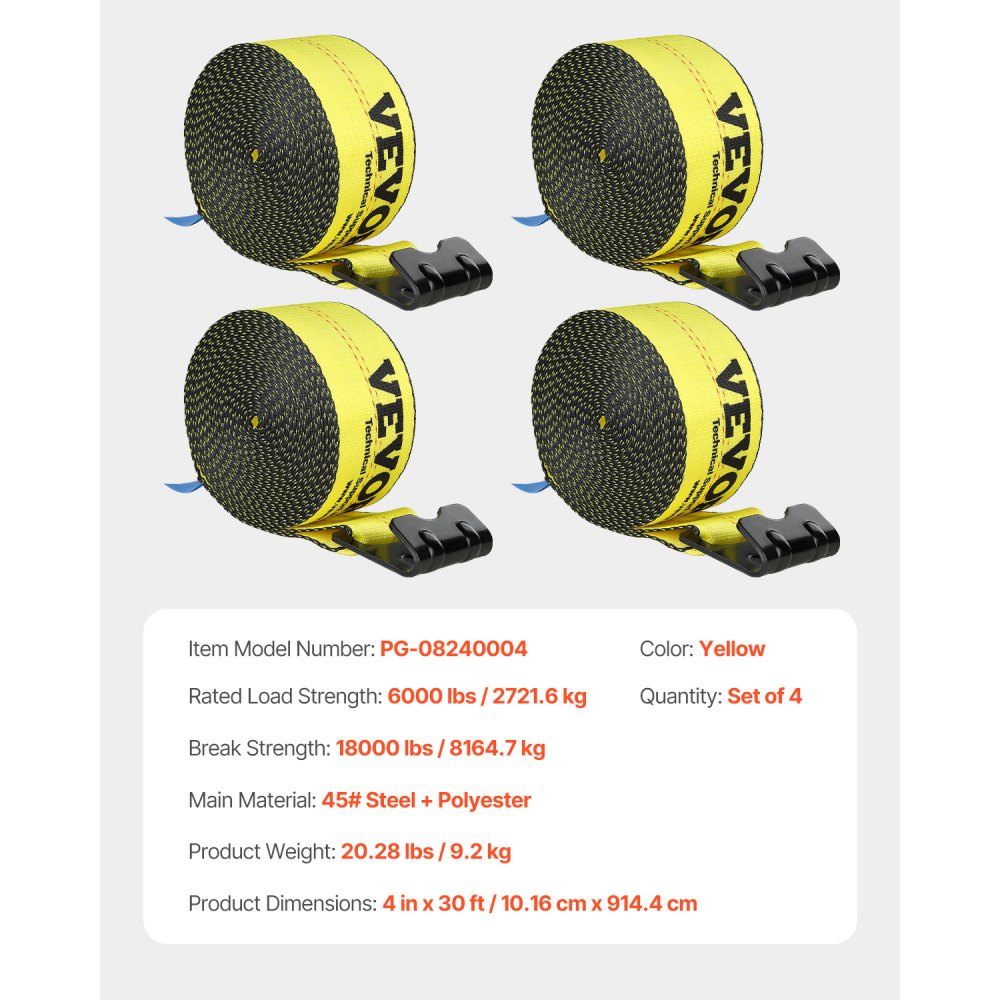 VEVOR Winch Straps, 4" x 30', 6000 lbs Load Capacity, 18000 lbs Break Strength, Truck Straps with Flat Hook, Flatbed Tie Downs Cargo Control for Trailers, Farms, Rescues, Tree Saver, Yellow (4 Pack)