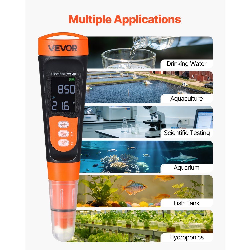 VEVOR pH Meter, Accurate pH/EC (Conductivity)/TDS (ppm) Multi-Parameter Measurement, IP68 Waterproof Probe, Pocket Tester Kit with Calibration Powder Packets, VA Display, for Water Quality Testing