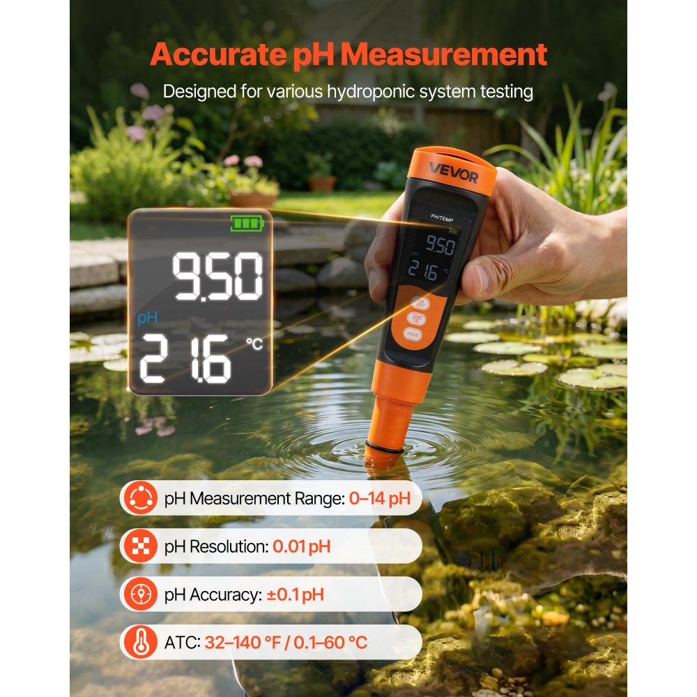 VEVOR pH Meter, 0-14 pH Range, IP68 Waterproof Probe, Pocket Tester Kit with Calibration Powder Packets, VA Display Screen, for Drinking Water, Hydroponics, and Aquarium Water Quality Testing