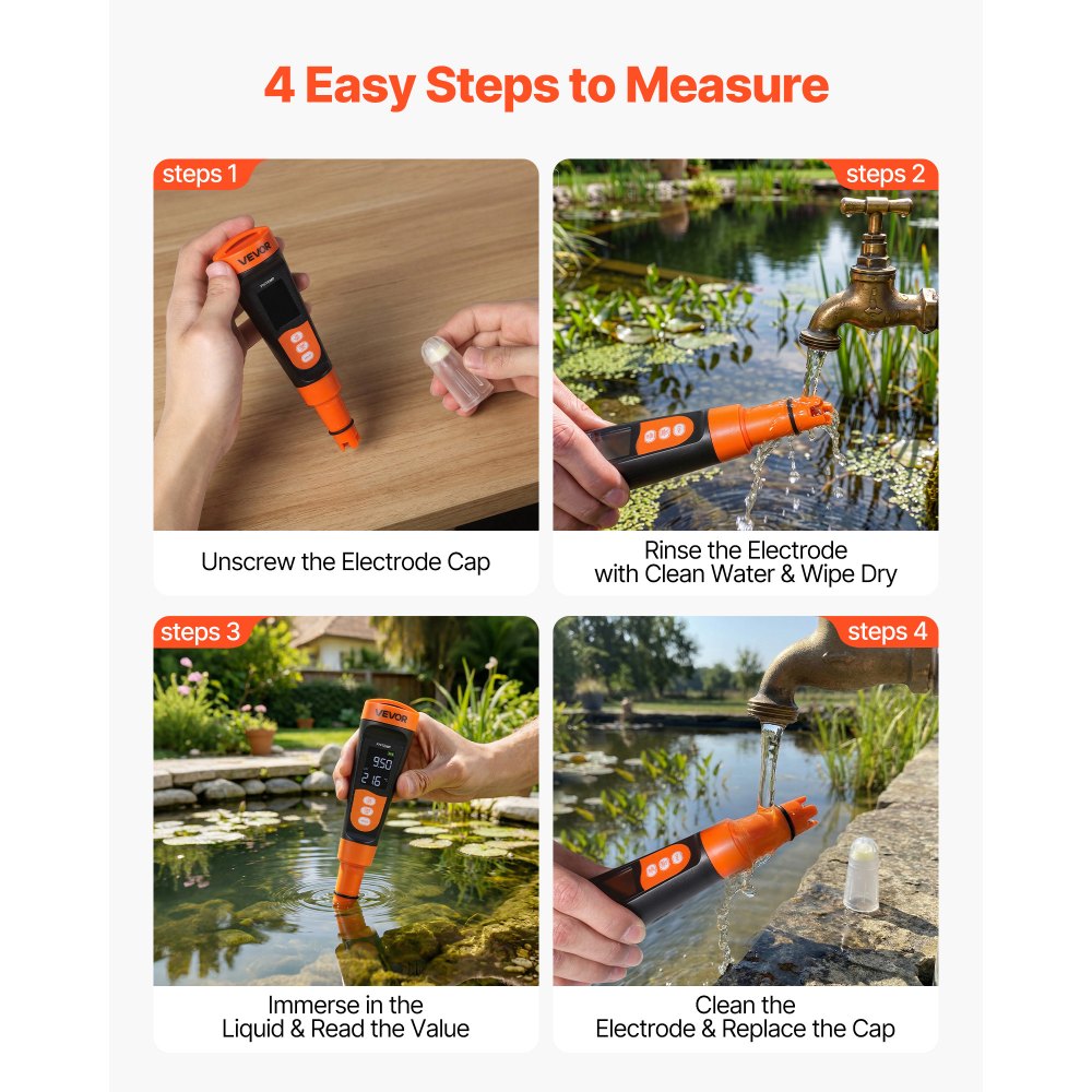 VEVOR pH Meter, 0-14 pH Range, IP68 Waterproof Probe, Pocket Tester Kit with Calibration Powder Packets, VA Display Screen, for Drinking Water, Hydroponics, and Aquarium Water Quality Testing