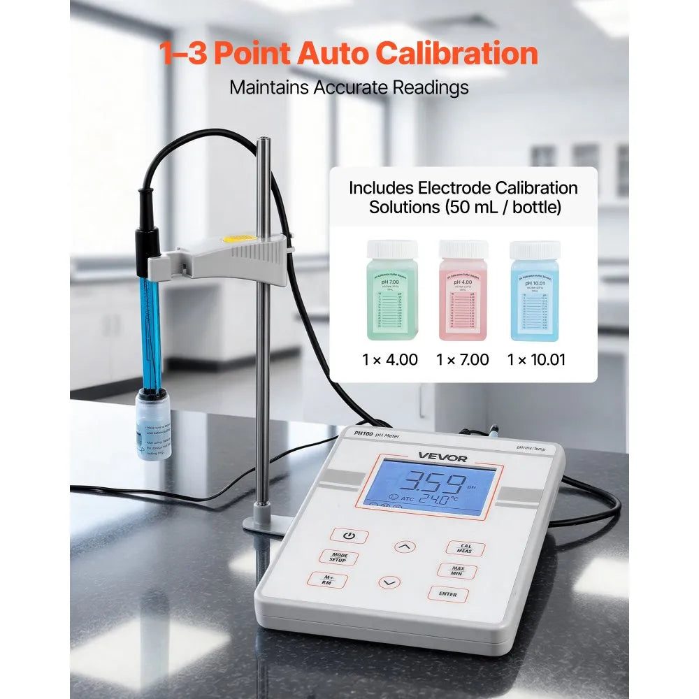 VEVOR Benchtop pH Meter, 0-14 pH Range, Laboratory Tester Kit with Large Backlit Display, Calibration Solutions, Power Adapter, Stores Up to 50 Readings, for Temperature and Water Quality Testing