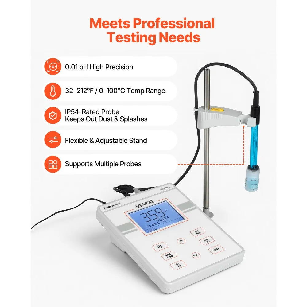 VEVOR Benchtop pH Meter, 0-14 pH Range, Laboratory Tester Kit with Large Backlit Display, Calibration Solutions, Power Adapter, Stores Up to 50 Readings, for Temperature and Water Quality Testing