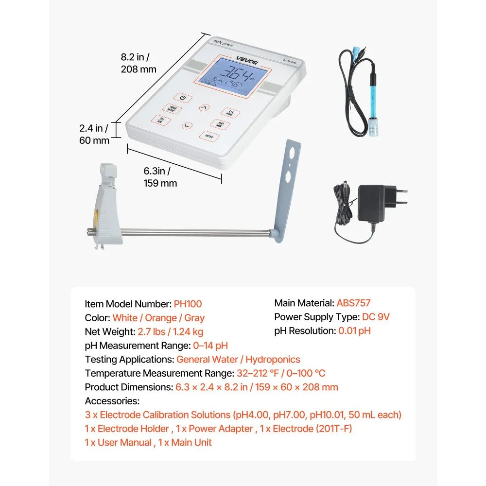 VEVOR Benchtop pH Meter, 0-14 pH Range, Laboratory Tester Kit with Large Backlit Display, Calibration Solutions, Power Adapter, Stores Up to 50 Readings, for Temperature and Water Quality Testing