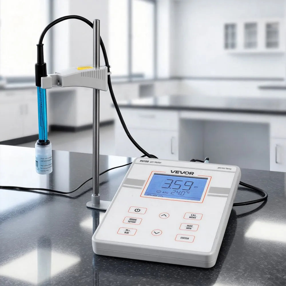 VEVOR Benchtop pH Meter, 0-14 pH Range, Laboratory Tester Kit with Large Backlit Display, Calibration Solutions, Power Adapter, Stores Up to 50 Readings, for Temperature and Water Quality Testing