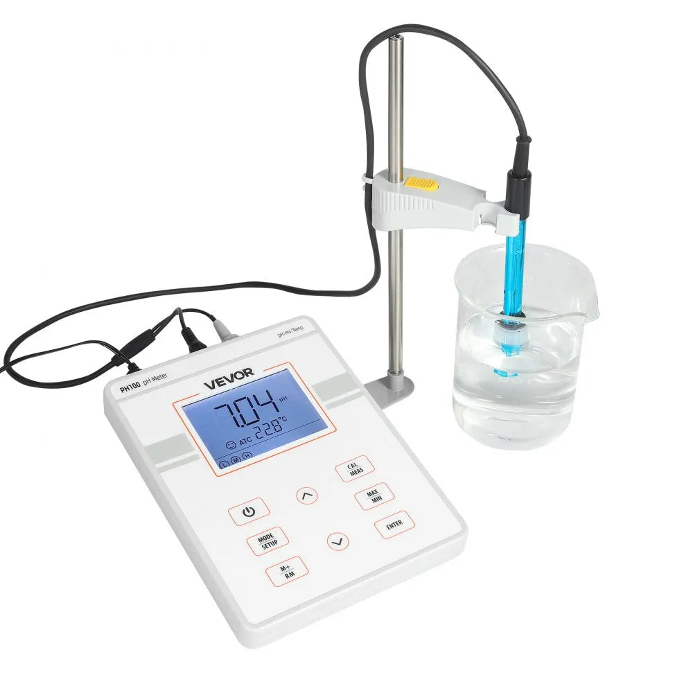 VEVOR Benchtop pH Meter, 0-14 pH Range, Laboratory Tester Kit with Large Backlit Display, Calibration Solutions, Power Adapter, Stores Up to 50 Readings, for Temperature and Water Quality Testing
