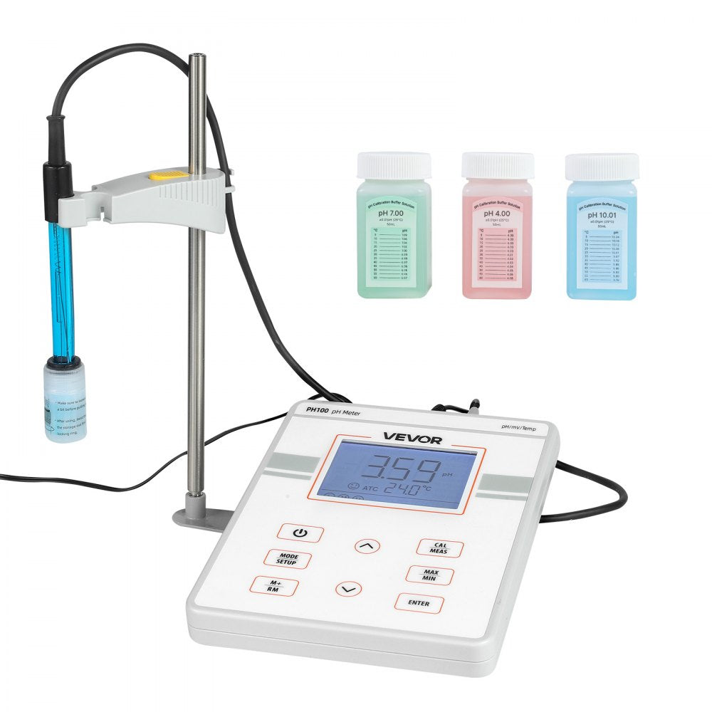 VEVOR Benchtop pH Meter, 0-14 pH Range, Laboratory Tester Kit with Large Backlit Display, Calibration Solutions, Power Adapter, Stores Up to 50 Readings, for Temperature and Water Quality Testing