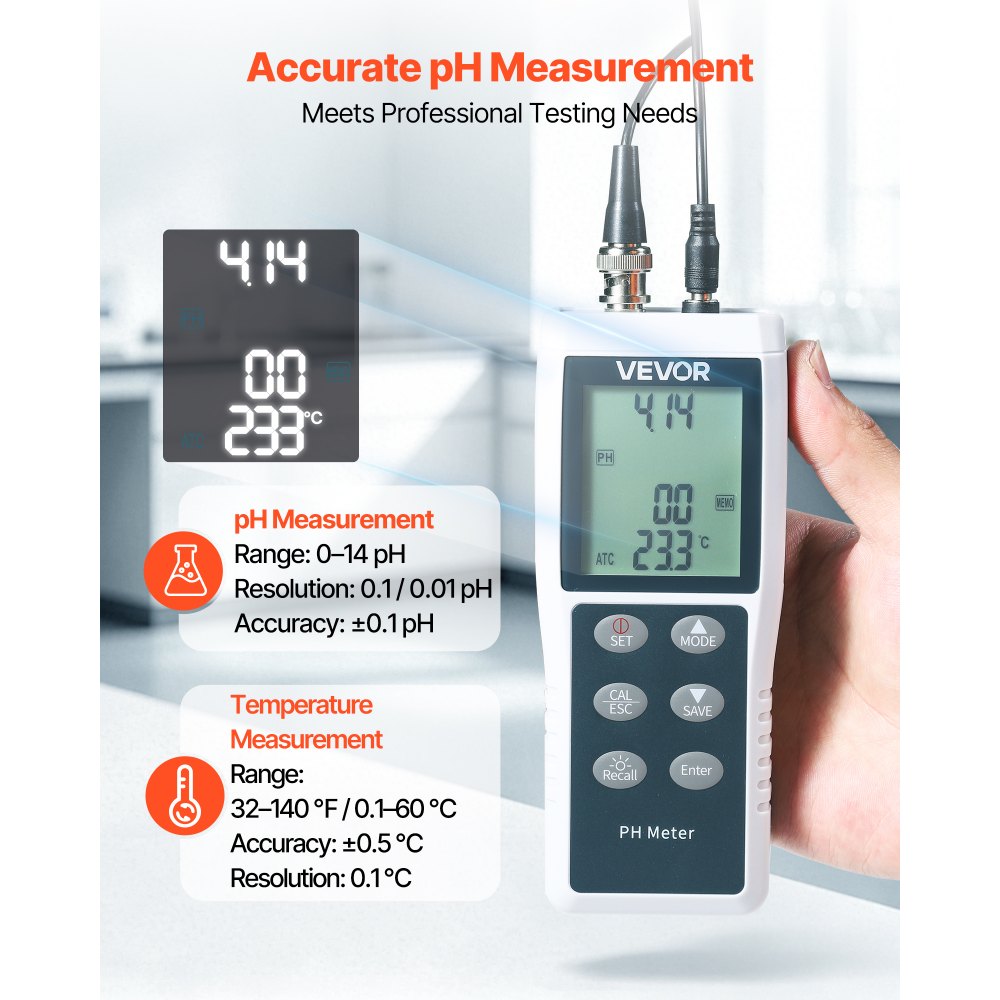 VEVOR pH Meter, 0-14 pH Range, IP68 Waterproof Probe, 3-Point Auto Calibration, Portable Tester Kit with Calibration Powder Packets, Temperature Probe, Carrying Case, for Drinking Water, Hydroponics