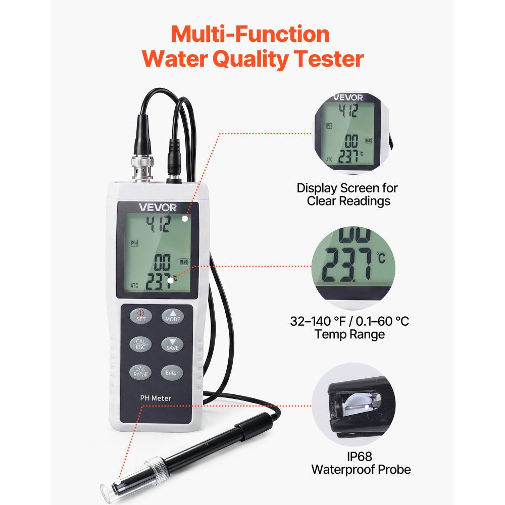 VEVOR pH Meter, 0-14 pH Range, IP68 Waterproof Probe, 3-Point Auto Calibration, Portable Tester Kit with Calibration Powder Packets, Temperature Probe, Carrying Case, for Drinking Water, Hydroponics