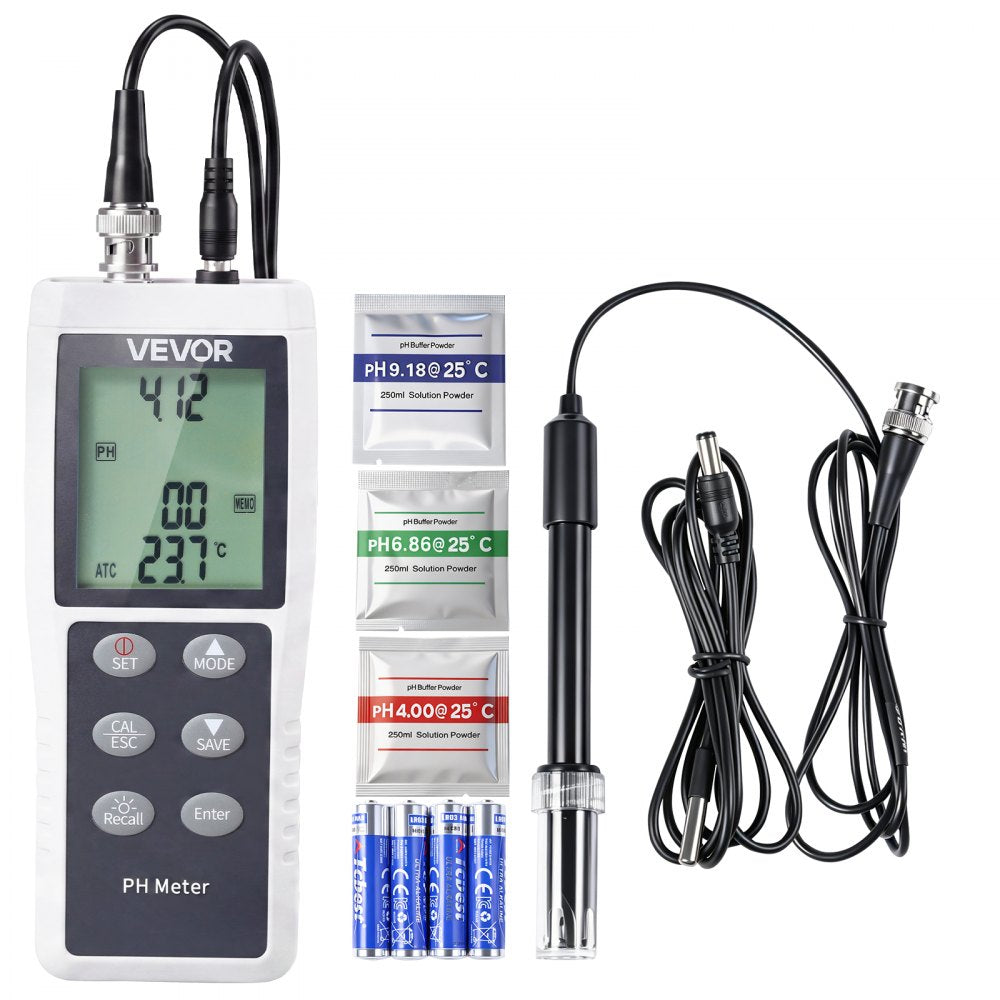 VEVOR pH Meter, 0-14 pH Range, IP68 Waterproof Probe, 3-Point Auto Calibration, Portable Tester Kit with Calibration Powder Packets, Temperature Probe, Carrying Case, for Drinking Water, Hydroponics