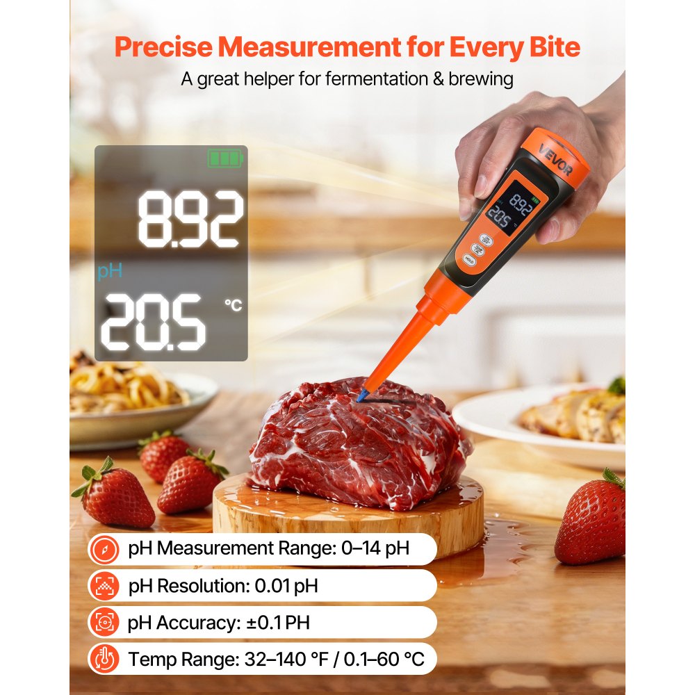 VEVOR Food pH Meter, 0-14 pH Range, IP68 Waterproof Probe, Pocket Tester Kit with Automatic Temperature Compensation, Calibration Powder Packets, Easy to Read, for Food Fermentation, Dough, Meat