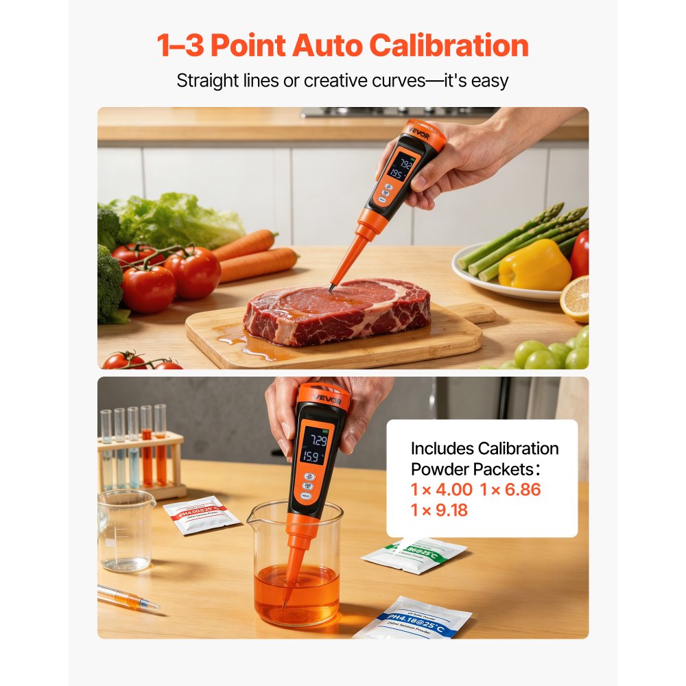 VEVOR Food pH Meter, 0-14 pH Range, IP68 Waterproof Probe, Pocket Tester Kit with Automatic Temperature Compensation, Calibration Powder Packets, Easy to Read, for Food Fermentation, Dough, Meat