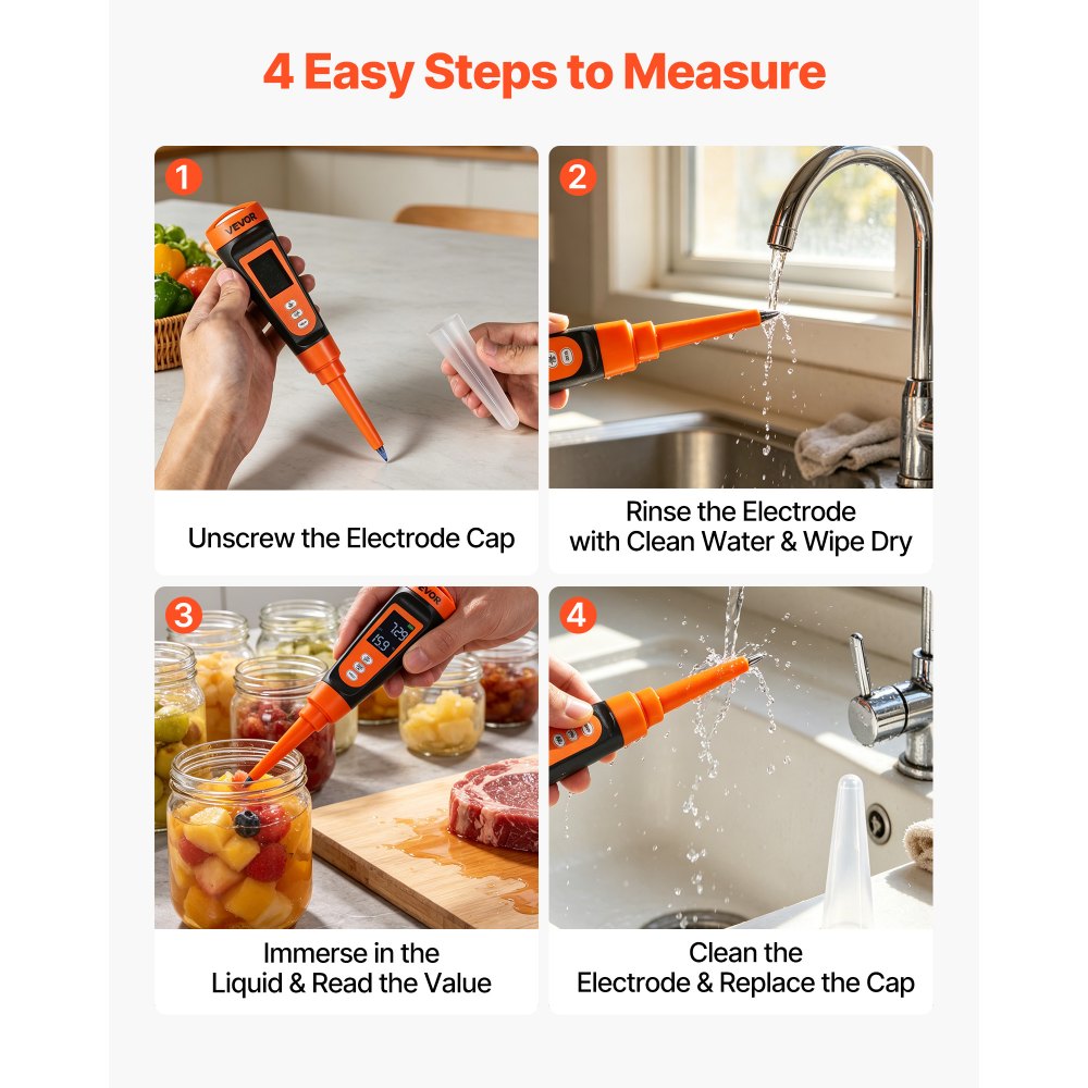 VEVOR Food pH Meter, 0-14 pH Range, IP68 Waterproof Probe, Pocket Tester Kit with Automatic Temperature Compensation, Calibration Powder Packets, Easy to Read, for Food Fermentation, Dough, Meat