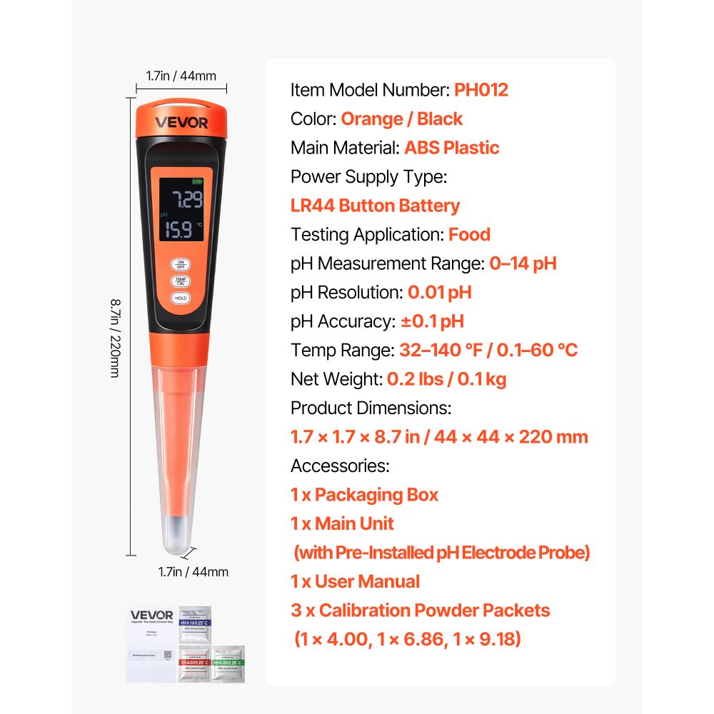 VEVOR Food pH Meter, 0-14 pH Range, IP68 Waterproof Probe, Pocket Tester Kit with Automatic Temperature Compensation, Calibration Powder Packets, Easy to Read, for Food Fermentation, Dough, Meat