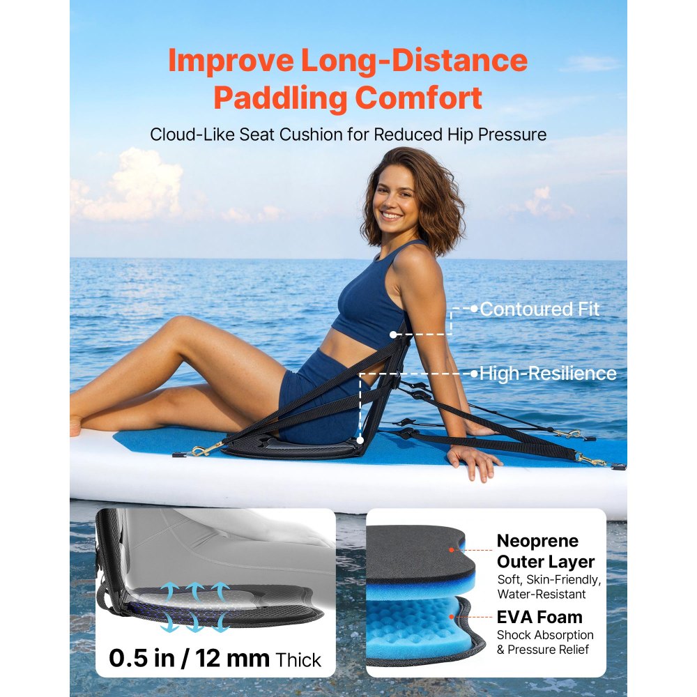VEVOR Kayak Seat, 1 Pack 0.5" Thick, Universal Paddle Board Seat with Back Support, Sit-on-Top Soft Padded Cushion with Storage Bag & Adjustable Straps for SUP, Canoe, Fishing Boat, Inflatable Kayak