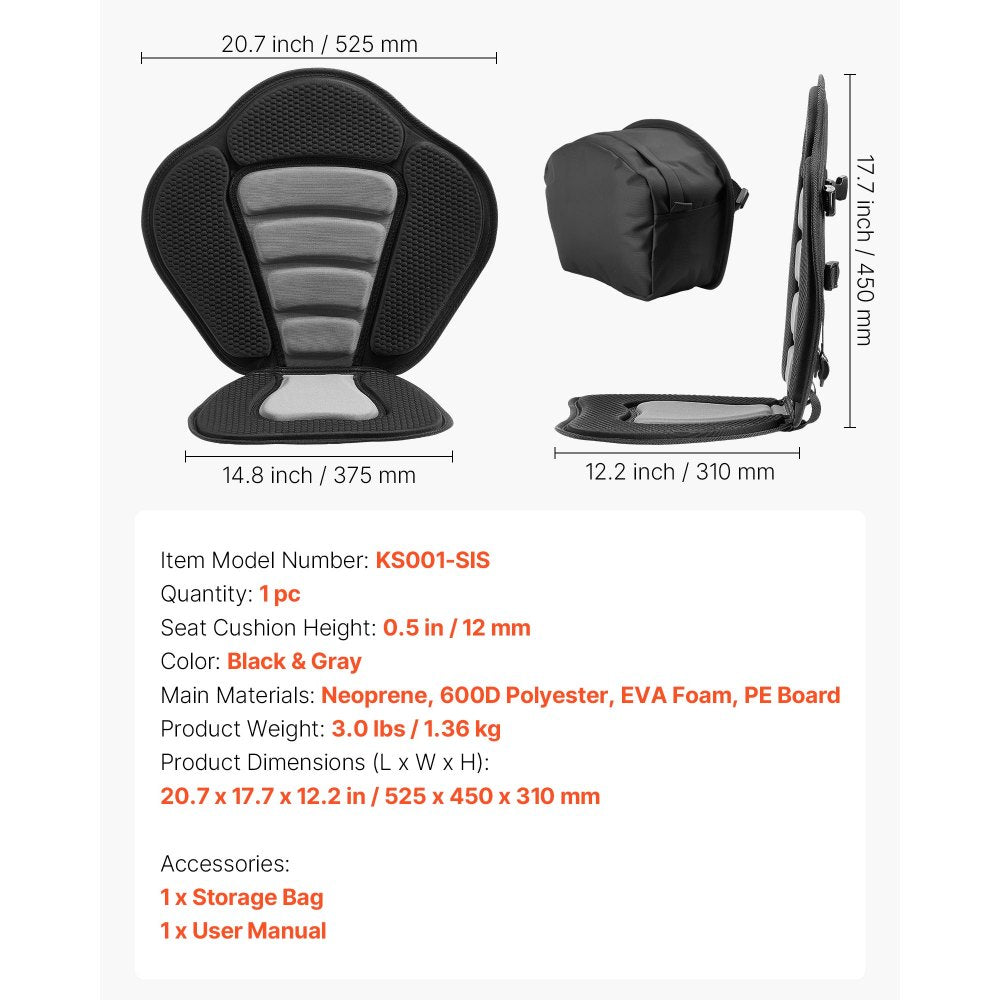VEVOR Kayak Seat, 1 Pack 0.5" Thick, Universal Paddle Board Seat with Back Support, Sit-on-Top Soft Padded Cushion with Storage Bag & Adjustable Straps for SUP, Canoe, Fishing Boat, Inflatable Kayak