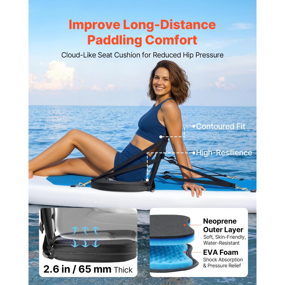 VEVOR Kayak Seat, 1 Pack 2.6" Thick, Universal Paddle Board Seat with Back Support, Sit-on-Top Soft Padded Cushion with Storage Bag & Adjustable Straps for SUP, Canoe, Fishing Boat, Inflatable Kayak