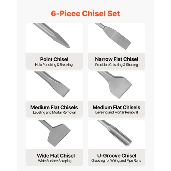 Vevor SDS Plus Chisel Set Rotary Hammer Drill Attachments 6-Pc New ...