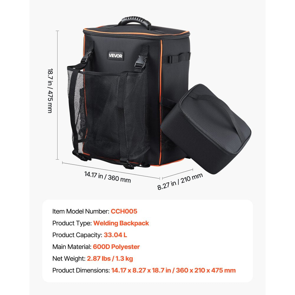 VEVOR Welding Backpack, 33L Welder Backpack with Insulated Bag & Helmet Bag, 600D Polyester Extreme Gear Pack for Tools and Helmet, Multi-Purpose Gear Storage Bag for Welding, Outdoor Camping, Hiking