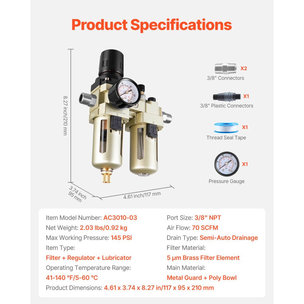 VEVOR Air Compressor Filter Regulator Lubricator (FRL), 3/8" NPT Air Compressor Water Separator, Semi-Auto Drain Air-Drying System with 5μm Brass Filter Element, 145PSI Max Working Pressure, Poly Bowl