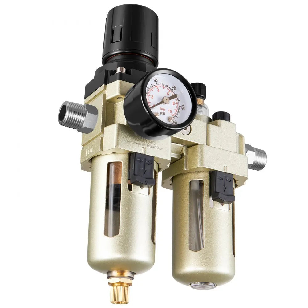VEVOR Air Compressor Filter Regulator Lubricator (FRL), 3/8" NPT Air Compressor Water Separator, Semi-Auto Drain Air-Drying System with 5μm Brass Filter Element, 145PSI Max Working Pressure, Poly Bowl